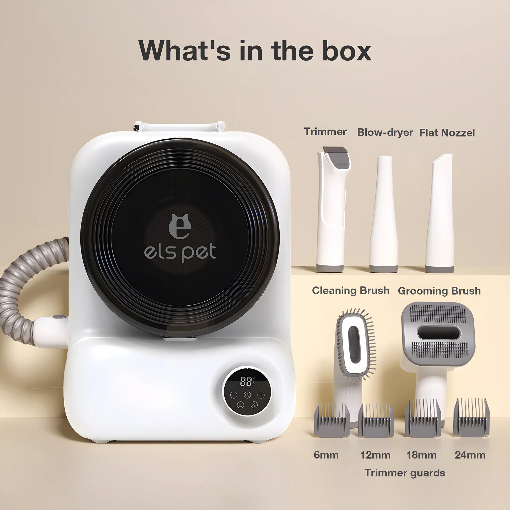 Elspet 5-in-1 Pet Grooming Vacuum System for Dogs and Cats - Includes Vacuum, Dryer, and Trimmer with 3-Liter Canister, 15000Pa Suction Power, and Additional Storage for 5 Grooming Kits