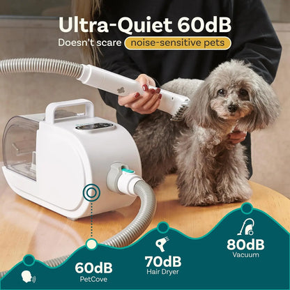 Petcove Professional 7-In-1 Pet Grooming Kit with Low Noise Vacuum, Clippers, Nail Trimmer, Grinder, and Brush for Efficient Dog Hair Removal and Shedding