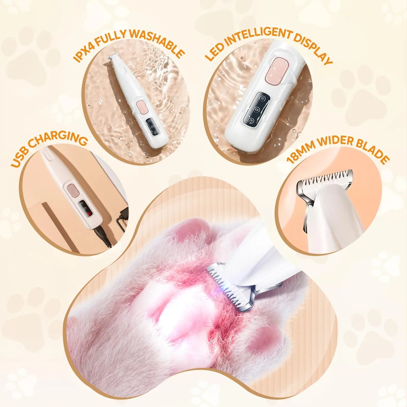 USB Rechargeable Pet Hair Trimmer Kit with LED Light - Quiet Grooming Clippers for Dogs and Cats, Waterproof and Low Noise Pet Shaver, Ideal for Pet Paw Care